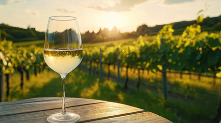 A picturesque scene of a glass of white wine on a table, with a vineyard full of green vines in the background, bright sunlightの素材