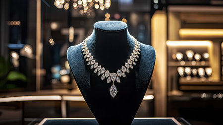 A radiant diamond necklace on a velvet mannequin in a boutique display case, the lighting creating a luxurious and elegant atmosphereの素材