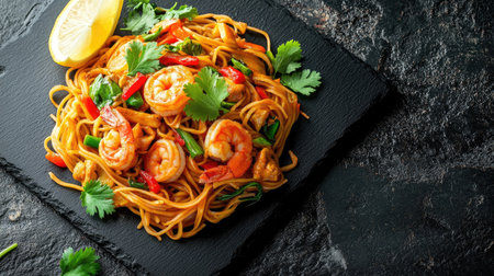 A serving of Singapore noodles with shrimp, vegetables, and curry powder, garnished with fresh cilantro and a wedge of lemon, placed on a black slateの素材