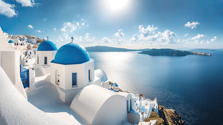 A panoramic view of the blue-domed Orthodox Church in Oia, Santorini, with the crystal-clear waters of the Aegean Sea and bright blue sky in the backgroundの素材