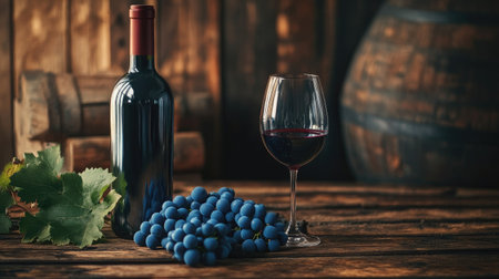 A rustic scene with a bottle of red wine, a filled wine glass, and fresh blue grapes on a vintage wooden table, warm, cozy ambianceの素材