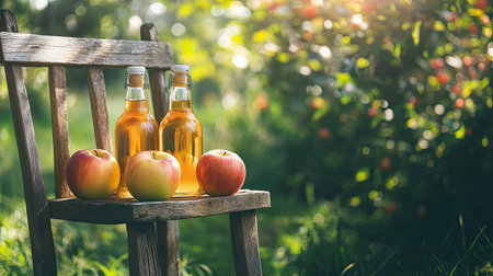 Apple cider vinegar bottles and ripe apples arranged on a wooden chair in a vibrant garden, symbolizing natural wellness and healthy homemade drinksの素材