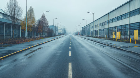 Asphalt road in a quiet industrial area, with empty streets and large factory buildings on both sides under overcast skiesの素材