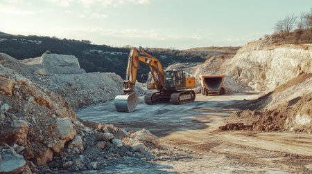 Backhoe digging into limestone at an open pit quarry, with a truck waiting to transport the construction material, industrial landscapeの素材