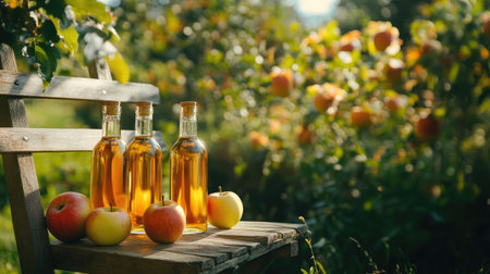 Apple cider vinegar bottles and ripe apples arranged on a wooden chair in a vibrant garden, symbolizing natural wellness and healthy homemade drinksの素材
