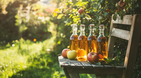 Apple cider vinegar bottles with fresh apples on a wooden chair in a green garden, representing homemade healthy drinks and the benefits of natural ingredientsの素材