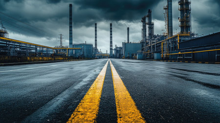 Asphalt road in a quiet industrial area, with empty streets and large factory buildings on both sides under overcast skiesの素材