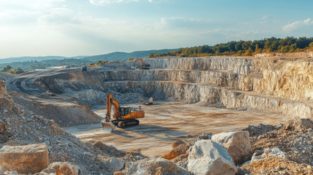 Backhoe digging into limestone at an open pit quarry, with a truck waiting to transport the construction material, industrial landscapeの素材