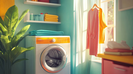 Bright laundry room interior with a washing machine, functional storage solutions, and a vibrant potted plant for decorの素材