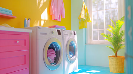 Bright laundry room interior with a washing machine, functional storage solutions, and a vibrant potted plant for decorの素材