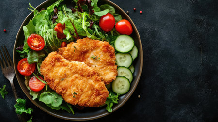 Flat lay photo of a juicy chicken schnitzel and a fresh salad with tomatoes, cucumbers, and greens on a plate over a dark surface. Ideal for food blogs and menusの素材
