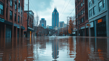 Floodwaters covering the base of downtown Nashville skyscrapers, emphasizing the extent of the damage in the heart of the cityの素材
