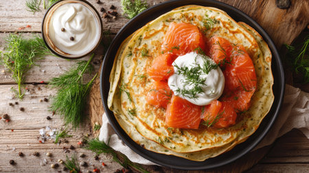 Flat lay of pancakes stuffed with red salmon and served with a side of sour cream and fresh dill, on a rustic wooden surface. A delicious Maslenitsa dishの素材