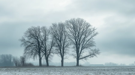 Group of leafless trees under a brooding gray sky, perfect for depicting the stark beauty of winter's endの素材