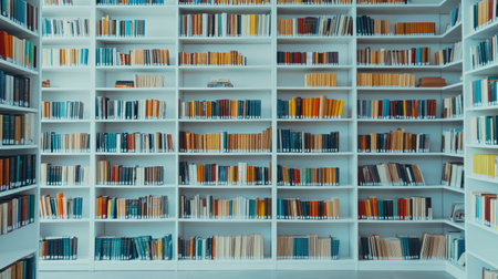 Full frame view of a modern library with white shelves filled with countless books, creating a serene and organized environment for reading and learning, Novosibirskの素材