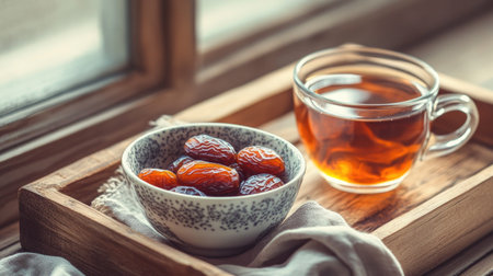 Bowl of Medjool dates with a cup of hot tea beside it, placed on a wooden tray, capturing a cozy, comforting atmosphere perfect for a tea time settingの素材