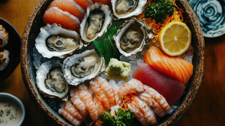 Aerial view of a traditional Japanese platter filled with a variety of raw seafood, including oysters, sashimi, and garnished with lemon slices and wasabiの素材