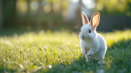 Adorable baby rabbit with soft fur runs around the yard, stopping to nibble on fresh green grass, a perfect representation of a beloved petの素材