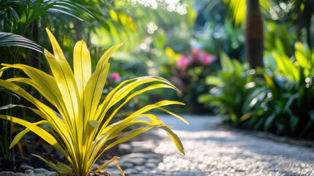 Bushy yellow palm seedling in the foreground of a Thai garden, with lush tropical plants and flowers in the background, illuminated by the morning sunの素材