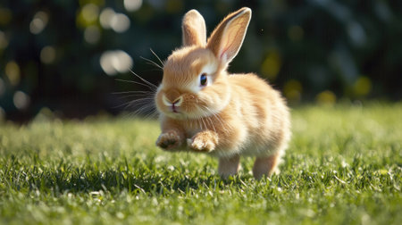 Lively baby rabbit sprinting through the yard, taking breaks to chew on grass. Fluffy and adorable, showcasing why these animals are cherished pets.の素材