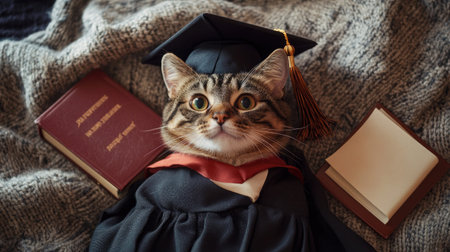 Top view of a cat in a graduation cap and gown, lying on a blanket with tiny books and a diploma.の素材