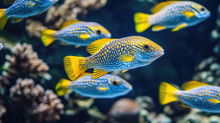 Sweetlips fish in a tight formation, swimming gracefully over the corals in Hawaii, showcasing their unique patterns and vibrant colorsの素材