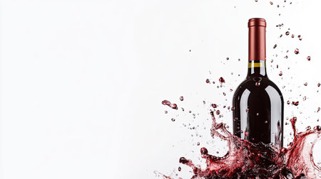 A close-up of a wine bottle and a splash of red wine, against a white background with generous space for text or brandingの素材