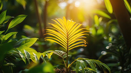 A flourishing yellow palm seedling in a garden in Thailand, surrounded by other tropical plants and green foliage, bathed in warm sunlight, showcasing nature's beautyの素材