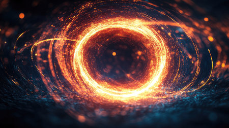 Dynamic circle of bright light with a shimmering effect on a dark background, creating a sense of energy and motion, ideal for promotional visualsの素材