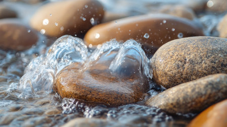 A close-up of river stones with water cascading over them, capturing the motion and texture of the scene in a tranquil outdoor settingの素材