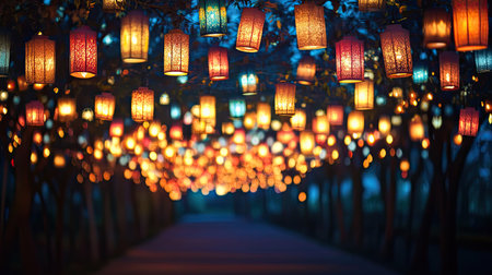 A mesmerizing array of lampion lamps hanging in rows, casting a warm glow and creating a vibrant festival atmosphereの素材
