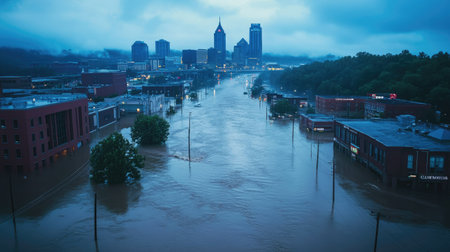 Aerial shot of the Cumberland River overflowing into downtown Nashville, engulfing streets and buildings, showing the natural disaster's reachの素材