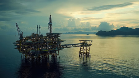 A wide view of the central production platform in Indonesia, surrounded by calm ocean waters and a backdrop of distant islandsの素材