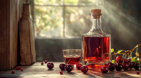 A beautifully arranged glass bottle of Kirsch on a wooden table, with fresh cherries and a glass beside it, highlighting the sweet and fruity nature of the liquorの素材