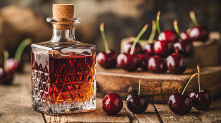 A bottle of Kirsch cherry liquor next to a glass filled with the spirit, resting on a wooden surface, with ripe cherries in the background, evoking sweet indulgenceの素材