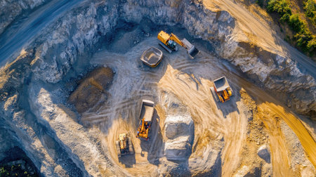 Aerial shot of an open pit limestone quarry, with heavy trucks and backhoes extracting and transporting construction materialsの素材