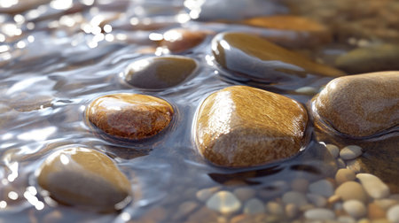 A detailed view of smooth stones in a shallow river, with water flowing gently over them, capturing the natural beauty of the sceneの素材
