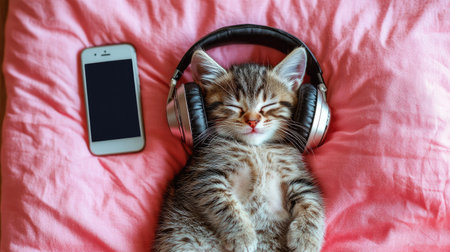 Adorable kitten sleeping on a pink pillow, with large headphones covering its ears and a phone playing music, a humorous pet photoの素材
