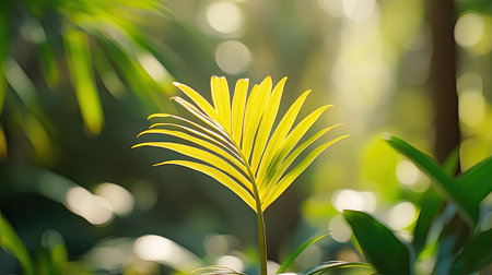 A yellow palm seedling in a Thai garden, its bright leaves spreading out amidst a backdrop of rich green foliage and sunlight, creating a serene, tropical sceneの素材