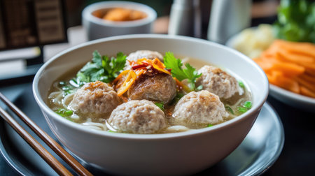 A beautifully styled bowl of bakso meatball soup in an elegant restaurant setting, complete with chopsticks, garnishes, and a menu in the background, highlighting Indonesian cuisineの素材