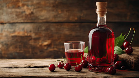 A bottle of Kirsch liquor with a glass beside it, resting on a wooden surface, surrounded by cherry fruits, showcasing the rich cherry flavor of this sweet alcoholの素材
