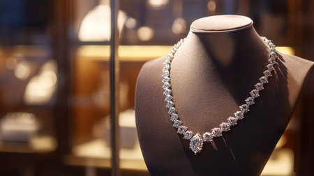A high-end diamond necklace elegantly draped on a mannequin in a boutique showcase, surrounded by soft lighting that enhances its sparkleの素材