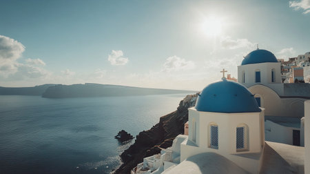 A high-angle view of the Orthodox Church in Oia, Santorini, with its blue dome shining in the sunlight, and the village and sea extending into the horizonの素材