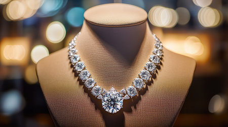 A radiant diamond necklace displayed on a mannequin in a boutique showcase, its brilliance highlighted by soft, luxurious lightingの素材