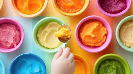 Babyaes hand reaching for a spoonful of mashed carrots, surrounded by colorful bowls of baby food, symbolizing healthy eating and proper baby nutritionの素材