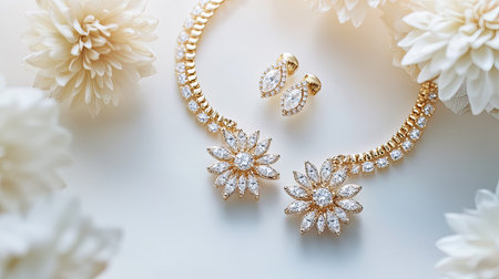 A luxurious 18k gold necklace and solitaire diamond earring set, beautifully arranged on a soft white background, highlighting its timeless appealの素材