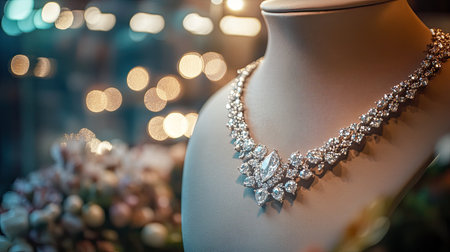 A high-end diamond necklace elegantly draped on a mannequin in a boutique showcase, surrounded by soft lighting that enhances its sparkleの素材