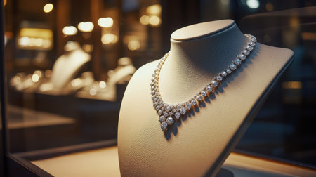 A radiant diamond necklace showcased on a mannequin inside a luxury boutique, with soft lighting highlighting its elegance and opulenceの素材