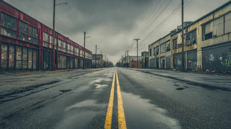 Asphalt road in a quiet industrial area, with empty streets and large factory buildings on both sides under overcast skiesの素材