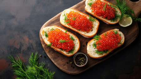 Flat lay of three open-faced sandwiches with red caviar on a wooden board, garnished with fresh dill. A sophisticated fish delicacy perfect for fine diningの素材